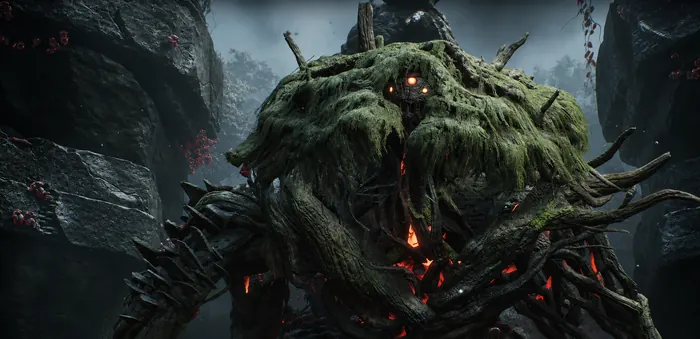 Moss-covered forest colossus with glowing embers emerging between cliffs