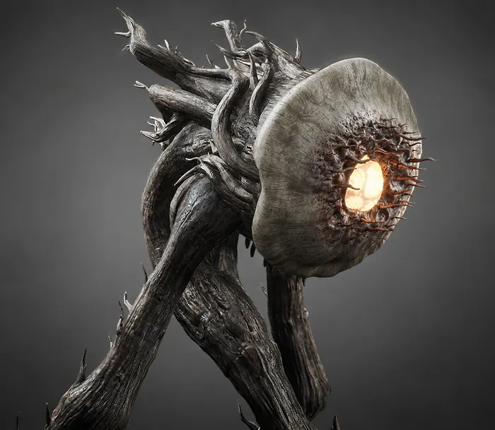 Tree-like fungal creature with a glowing cap, dramatic side lighting