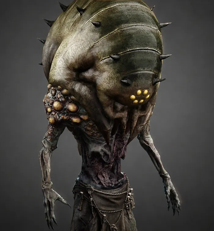 Larval grub-headed acolyte with an amber eye cluster and robes