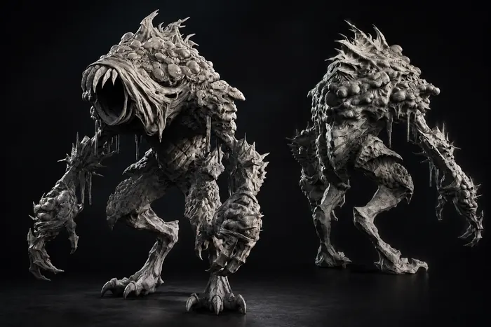 Pale spined ghoul with a gaping maw, front and back renders