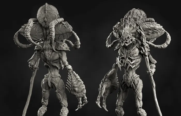 Stilt-legged insectoid alien with coiled cranial tendrils, two views