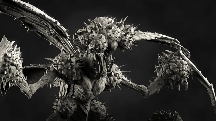 Thorn-studded winged creature with webbed claws in mid pose