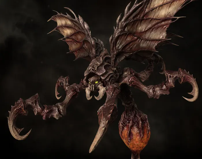 Winged insectoid demon with skeletal wings and a glowing core, studio render