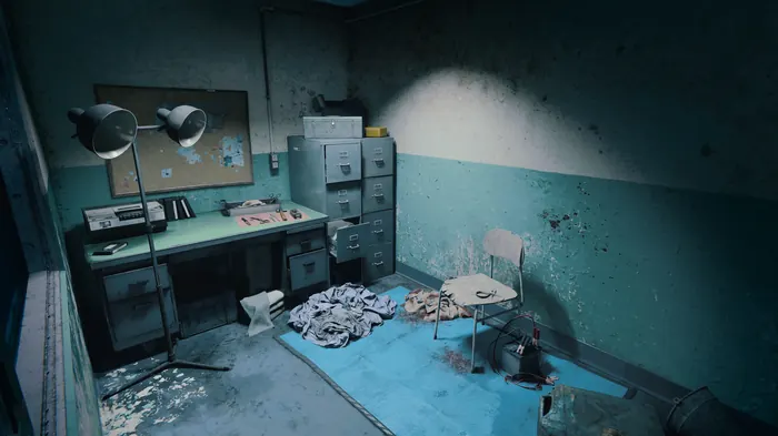 Abandoned mid-century office room in teal tones with scattered files