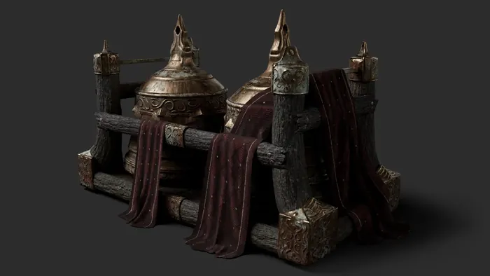 Ceremonial timber bed frame with bronze domes and draped velvet