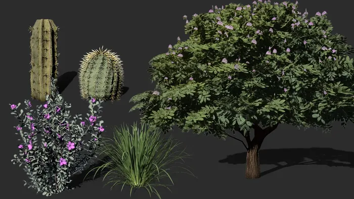 Game-ready foliage kit with cacti, flowering shrubs, grass and a tree
