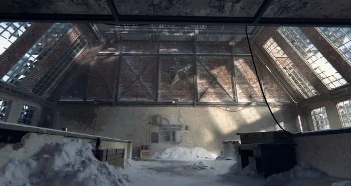 Snow-drifted ruined factory hall with glass-block skylights and a steel star truss
