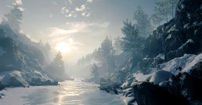 Snow-banked river valley at dawn with pine forest and warm low sun