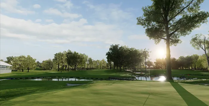 Sunlit golf course green with a pond, sand traps and tree-lined fairways