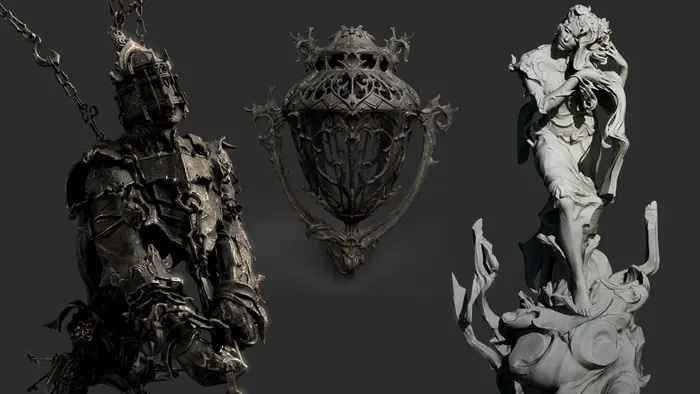 Gothic statue set with a chained knight, ornate shield and marble figure