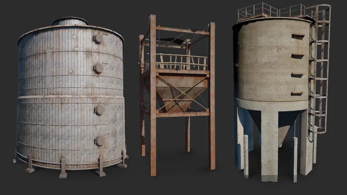 Weathered industrial silo and water tower prop set
