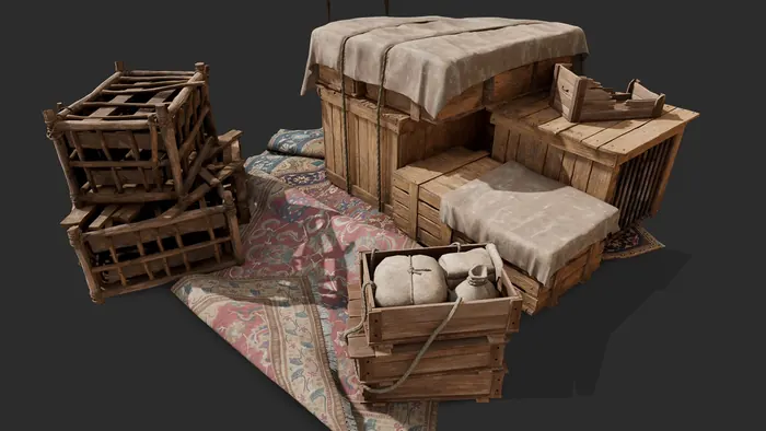 Wooden market crates, sacks and carpet set-dressing kit