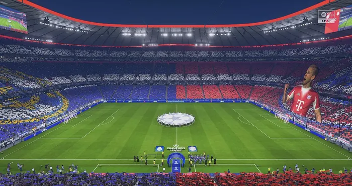 Football arena with a full-stadium tifo choreography before kickoff