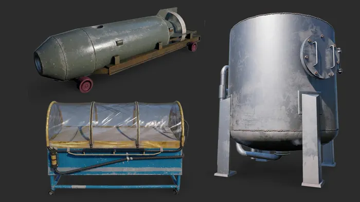 Pressure vessels, wheeled transport bomb and inflatable tunnel prop set