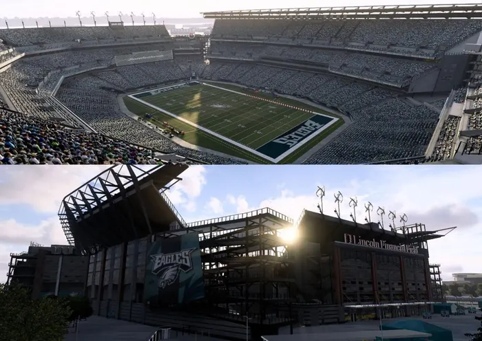 American football stadium shown as an aerial bowl view and a sunrise exterior