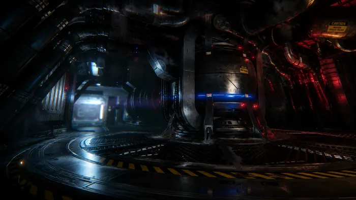 Sci-fi hangar corridor with holographic signage and industrial pipework