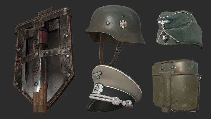 WWII field gear props: trench shield, helmets, caps and canteen