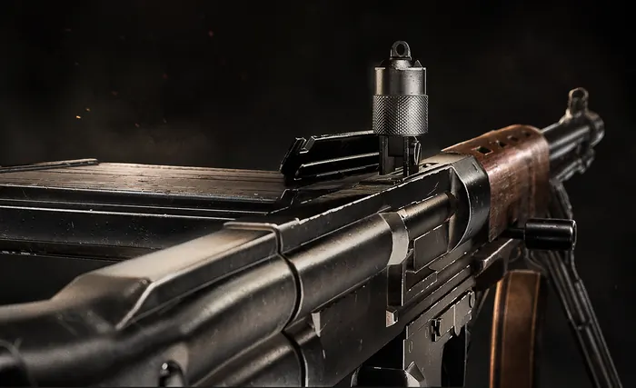 Close-up render of a WWII machine gun with drum sight