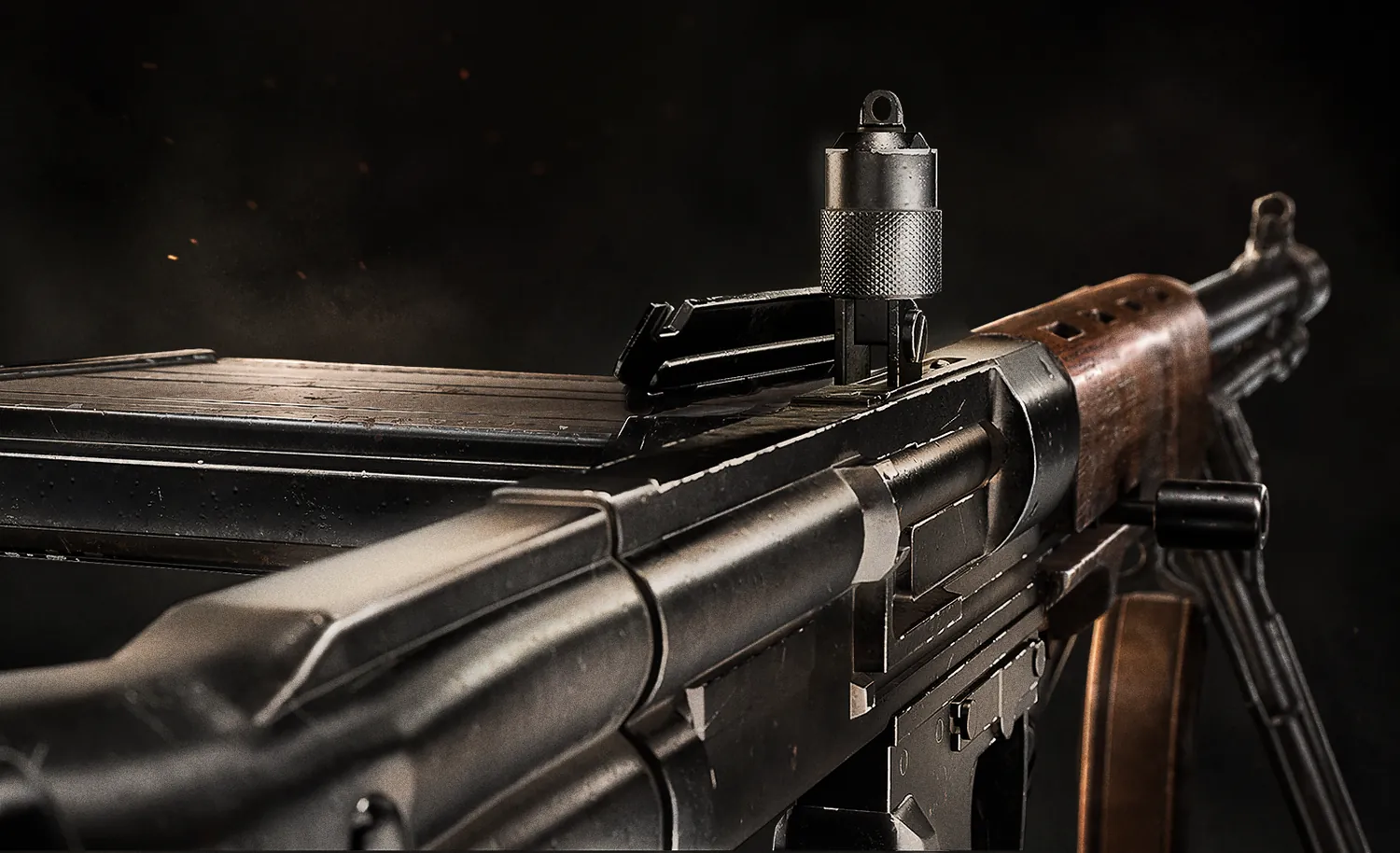 Close-up render of a WWII machine gun with drum sight