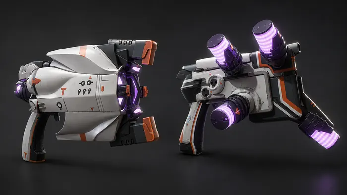 Stylized energy blaster pair with glowing purple cells