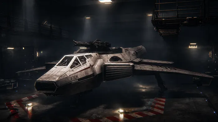 Armed dropship parked in a floodlit hangar bay