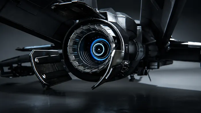 Close-up of a starship ion thruster with glowing blue core