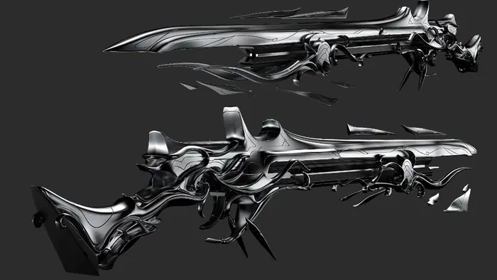 Liquid-metal blade weapon concepts in polished chrome