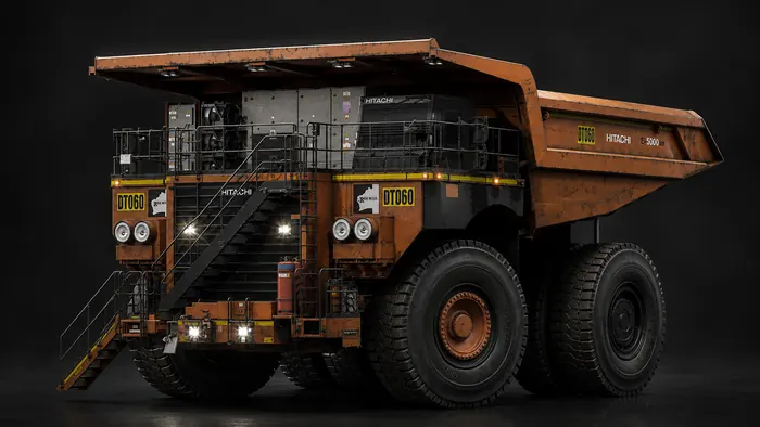 Orange mining dump truck with boarding stairs and livery decals