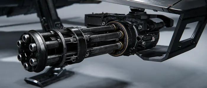Vehicle-mounted minigun with ammunition feed, close-up render