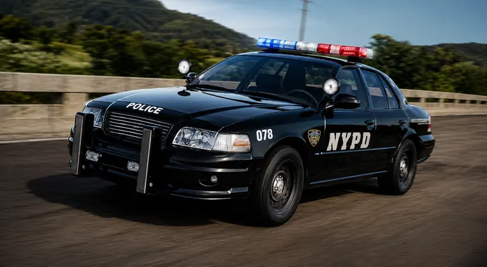 Police cruiser with lightbar photographed on a highway overpass