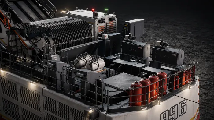Rescue truck equipment bed with generators, tanks and rails