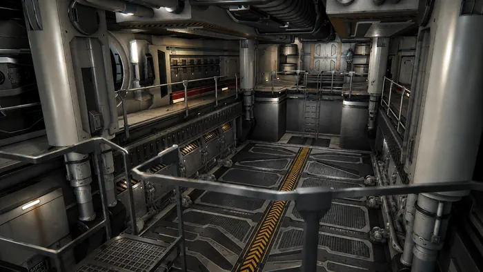 Modular starship service corridor with pipe runs and hazard decking