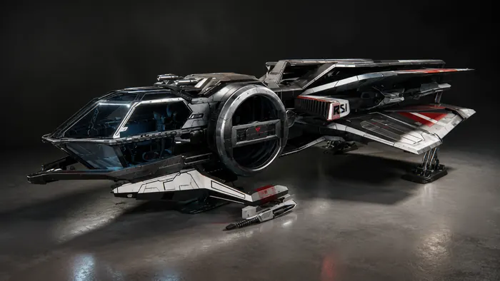 Spacecraft strike fighter with open canopy on a studio deck