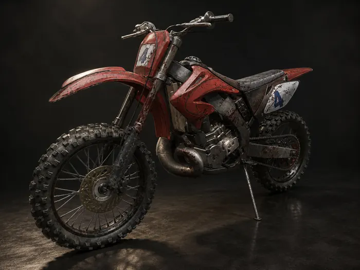 Weathered red dirt bike with mud-caked tires, studio render