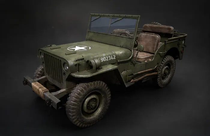 WWII military jeep with canvas seats and star livery, studio render