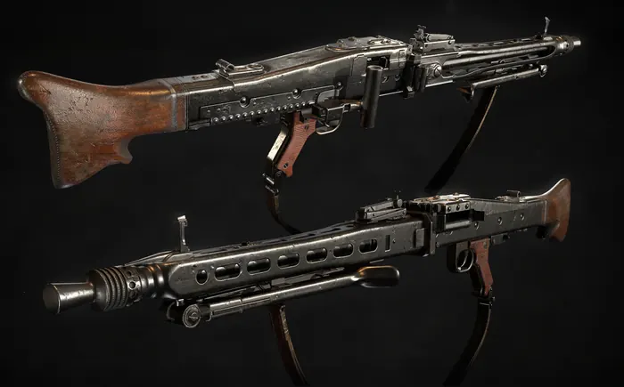 Pair of WWII machine gun models with wooden furniture, studio render