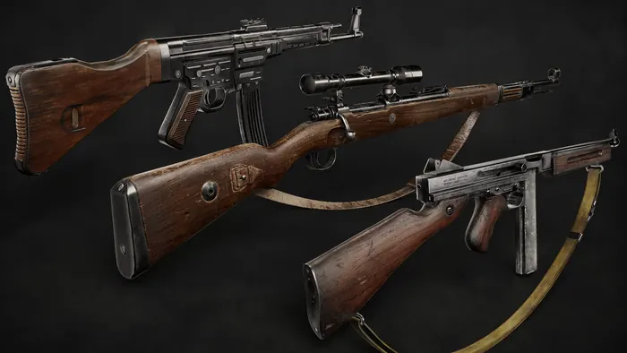 WWII rifle set: assault rifle, scoped bolt-action and submachine gun