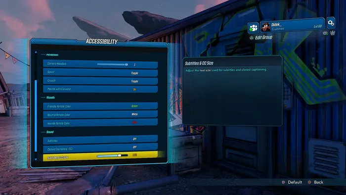 Accessibility settings menu with subtitle and color options