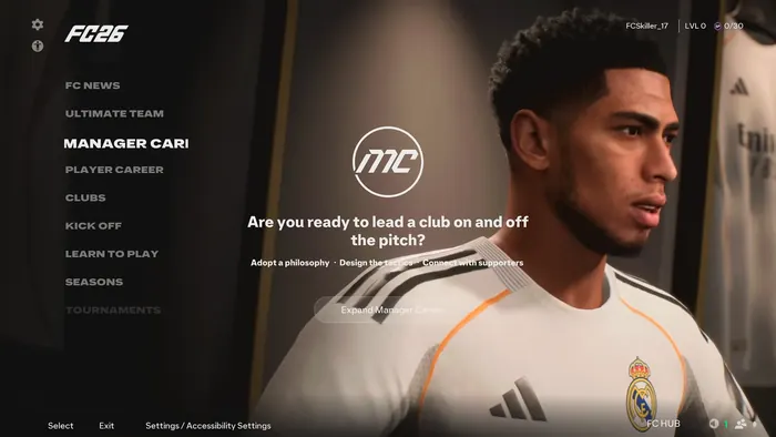 Manager career menu with onboarding prompt and player render
