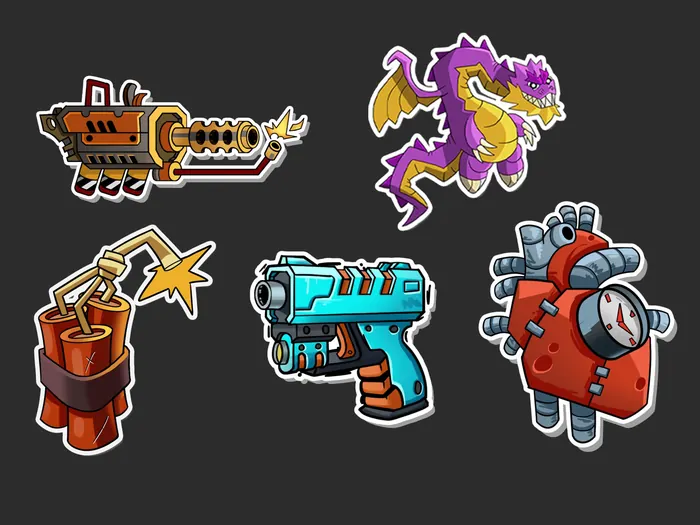 Cartoon sticker icon set: flame cannon, dragon, dynamite, blaster and mech heart