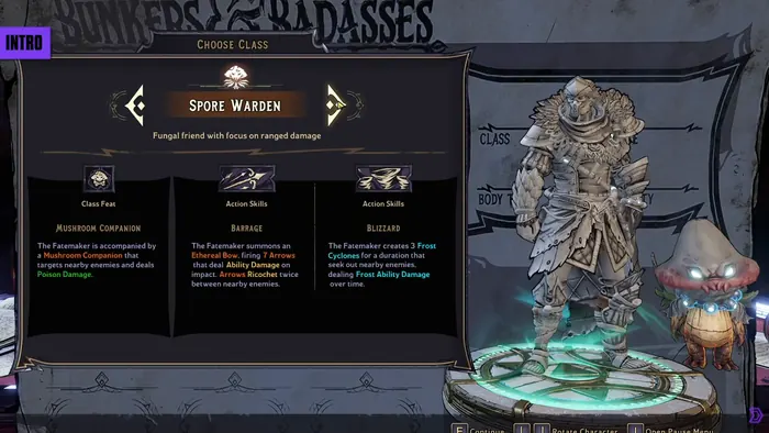 Class selection screen with a fungal companion and skill previews