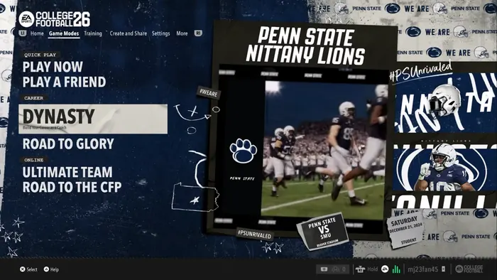 College football game-mode menu with collaged team posters