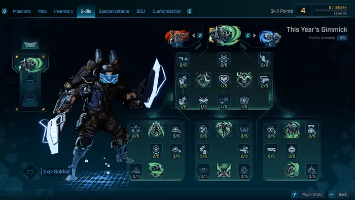 Sci-fi shooter skill tree interface on an exo-soldier character