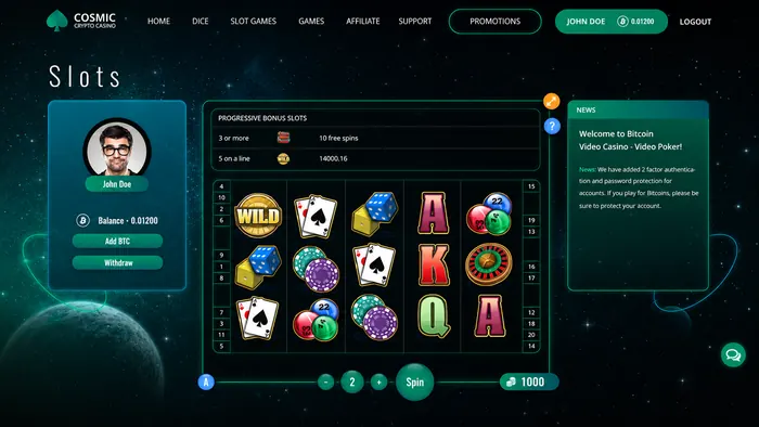 Web casino slots interface with progressive bonus panel
