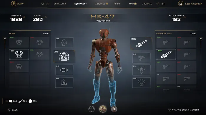 Squad equipment screen for a droid companion with armor slots