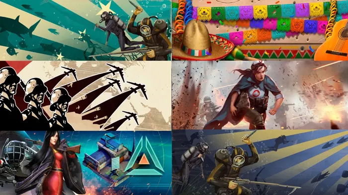 Event splash art set with naval raid, mariachi and anime styles