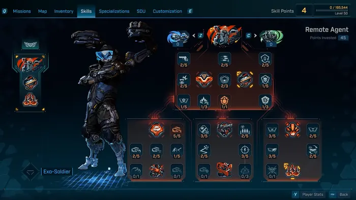 Skill tree screen with orange ability tiers framing an armored soldier