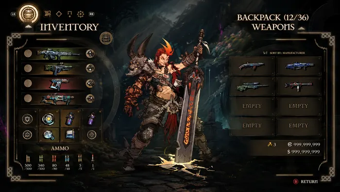 Fantasy RPG inventory and weapon loadout UI framing a barbarian character