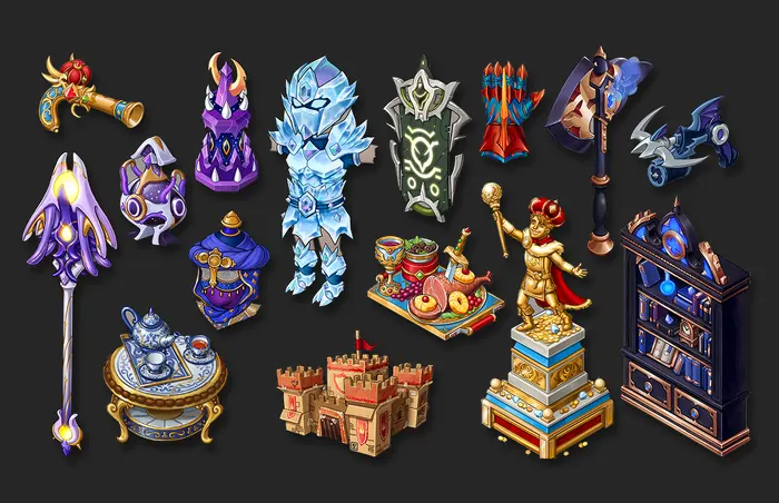 Fantasy reward icons: staffs, shields, castle and furniture