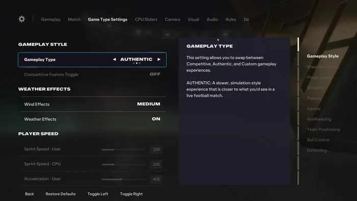 Game settings menu with gameplay type and weather effect options